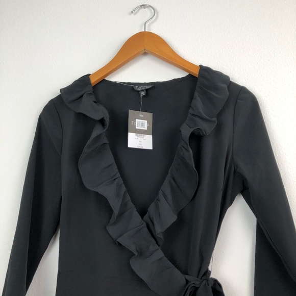 Topshop Women Black Wrap Around Ruffle Dress NEW - Picture 8 of 9